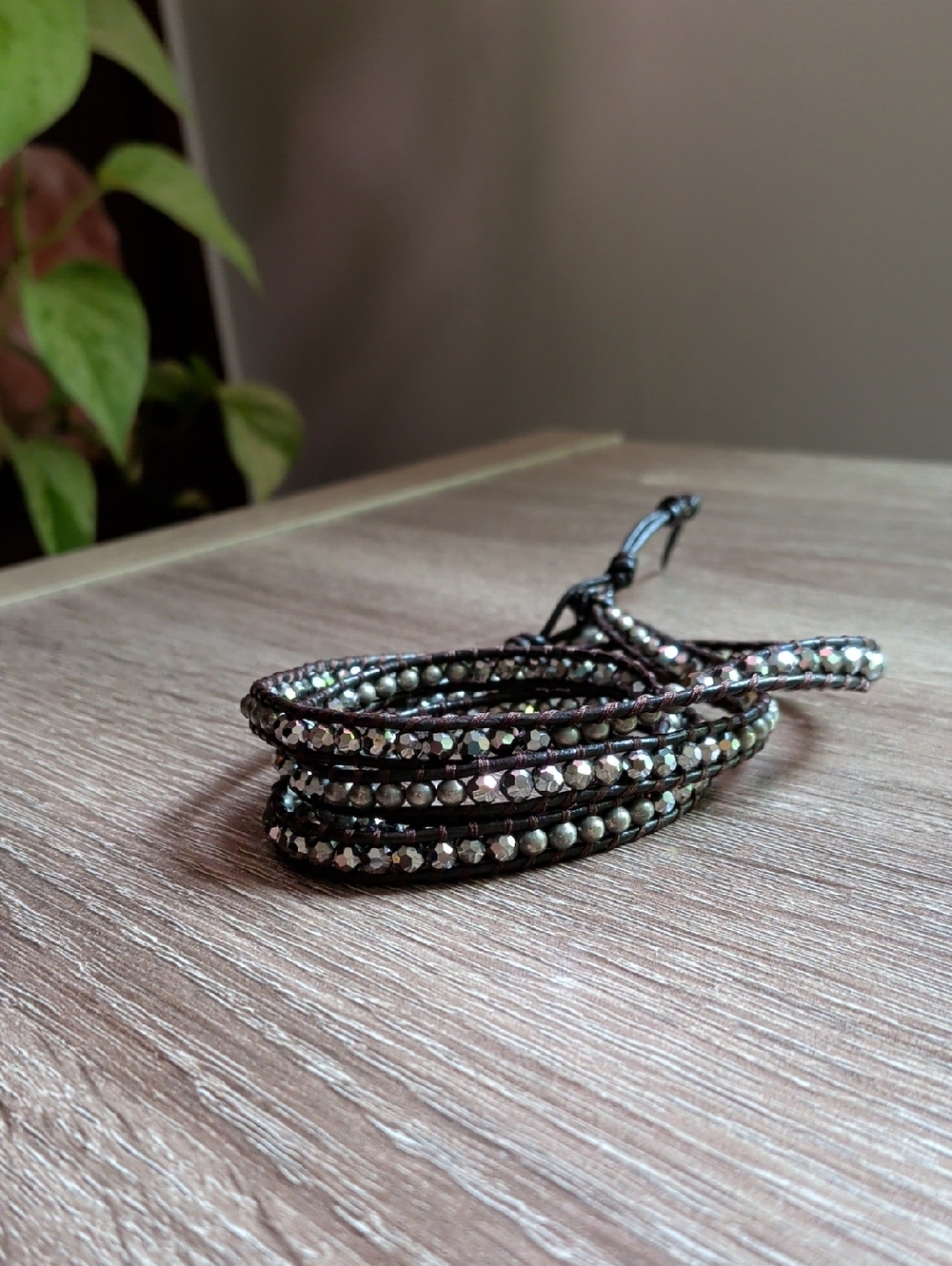 Handmade Black Wrap Bracelet with Sparkly Pyrite- Like Beads